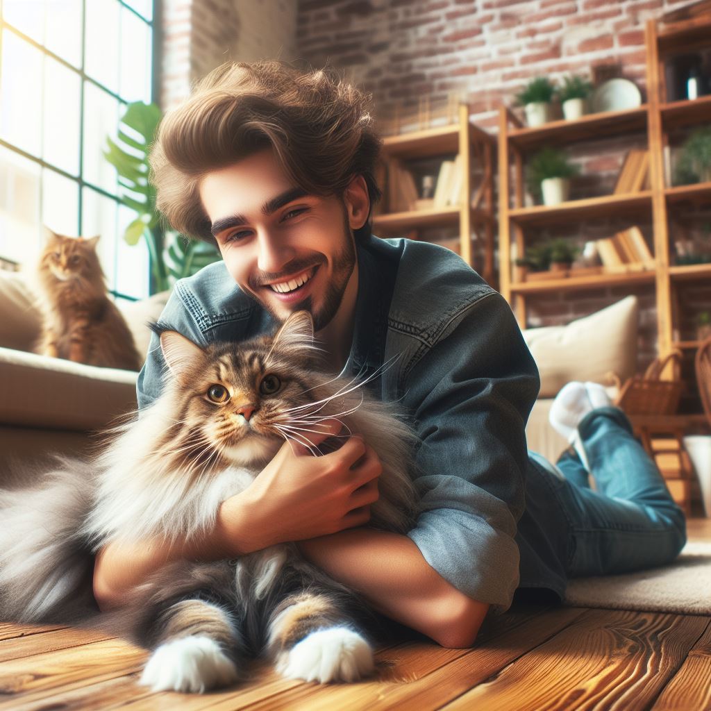 man with mainecoon cat